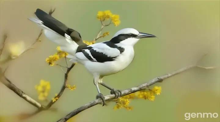 a black and white bird is perched on a branch