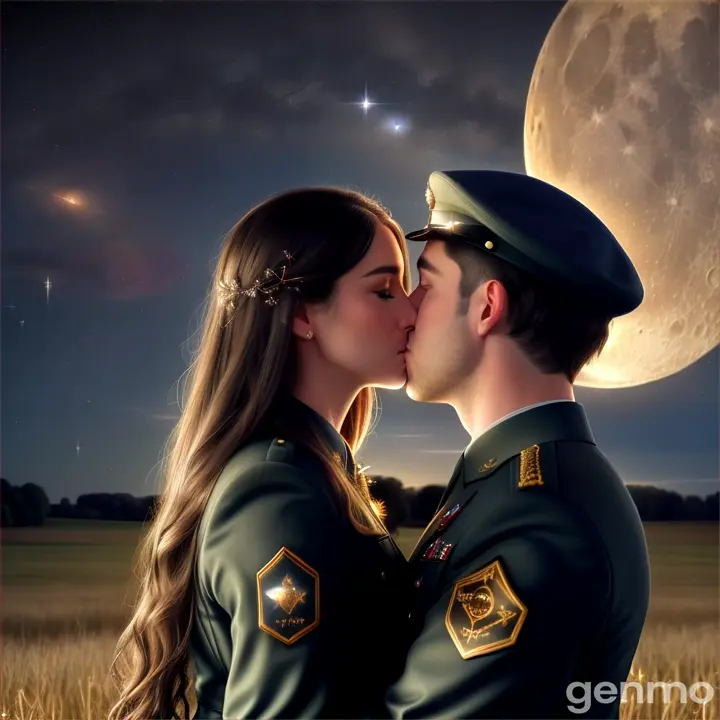 Create a hyper-realistic portrait of a person with a specific facial expression, hair color, and clothing style. Ночь.Звезды месяц. Девушка в военной одежде и молодой мужчина в военной одежде с страстно целуются  лёжа в траве на поле. динамика позы. Красиво нежно романтично. Эротично. Микродетализировано. Чёткие красивые лица. в стиле кинематографическом. Точность промта. Ночь. Яркие Звезды. Месяц. Растущая луна. Военная тематика. Анатомическая точность