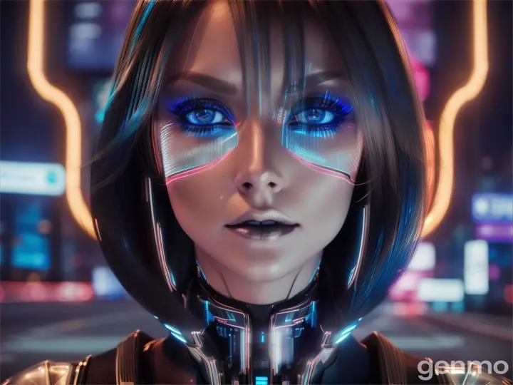 A BEAUTIFUL EUROPEAN woman in a futuristic look stands in front of neon lights. Artificial intelligence. ГЛАЗА ГОЛУБЫЕ.