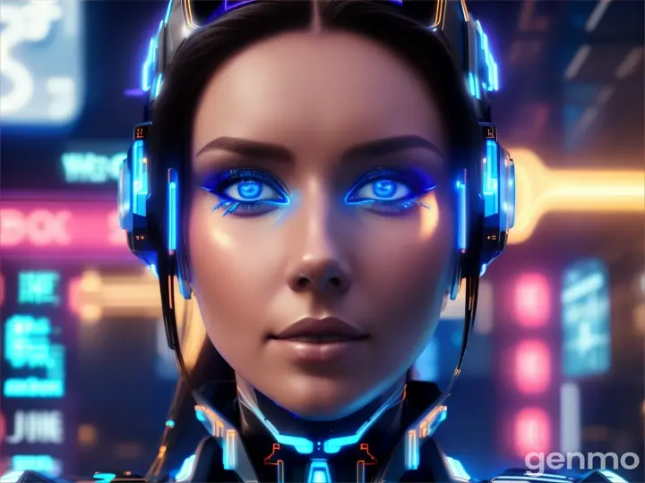 A BEAUTIFUL EUROPEAN woman in a futuristic look stands in front of neon blue lights. Artificial intelligence. ГЛАЗА ГОЛУБЫЕ.