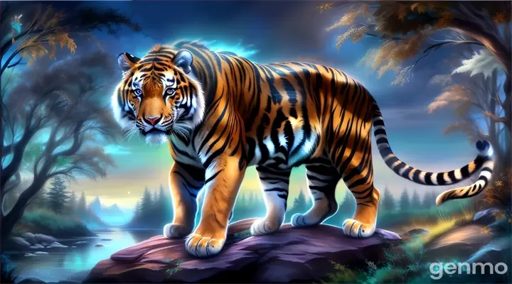 a painting of a tiger standing on a rock