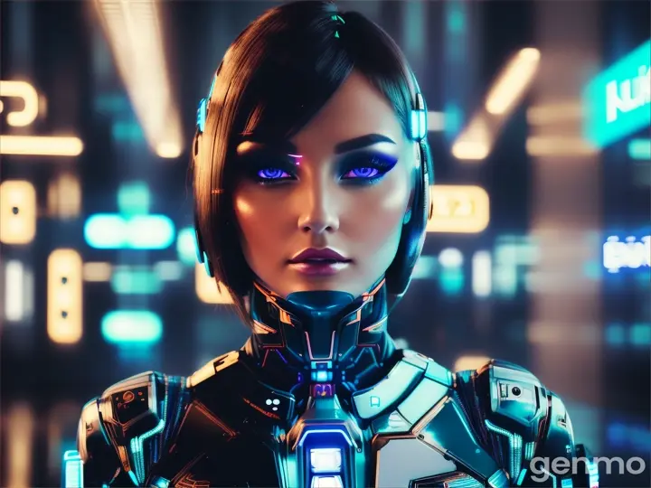 A BEAUTIFUL EUROPEAN woman in a futuristic look stands in front of neon blue lights. Artificial intelligence. КРАСИВЫЕ НАУРАЛЬНЫЕ ГЛАЗА: ЧЕТКИЕ, КОНТРАСТНЫЕ.