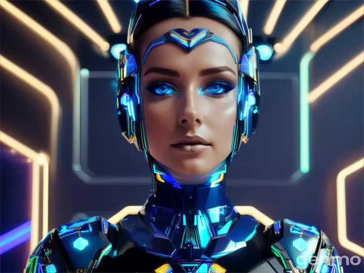 A BEAUTIFUL EUROPEAN woman in a futuristic Artificial look stands in front of neon blue lights. 