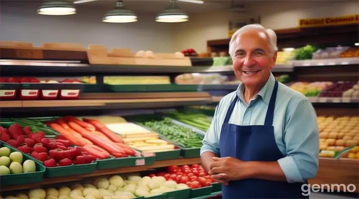 A 50-year-old grocery store owner smiles and chats with customers.