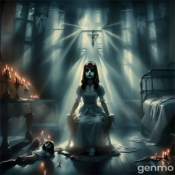 a woman sitting on a bed in a dark room, her head spins