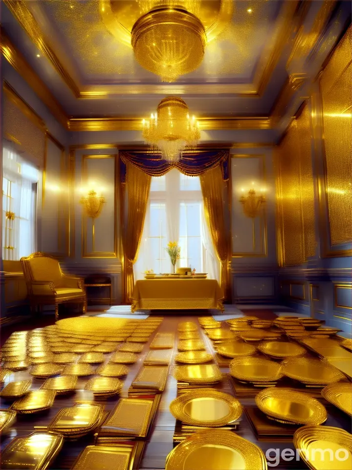 a room filled with lots of golden plates