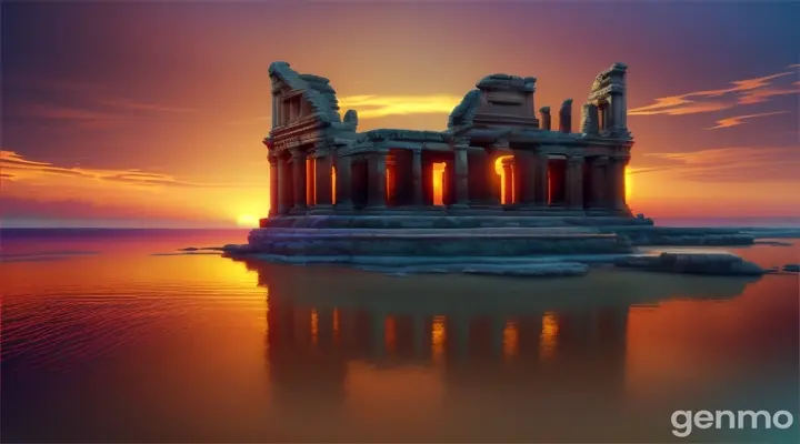 Ancient ruins reflecting in the sea during a golden sunset