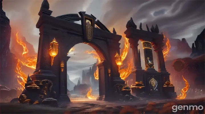 Nether portal arch rocks,  gold, black pillars,swirl portal, grass, horse, banners, teeth gate  black, horror, blue fire lantern
