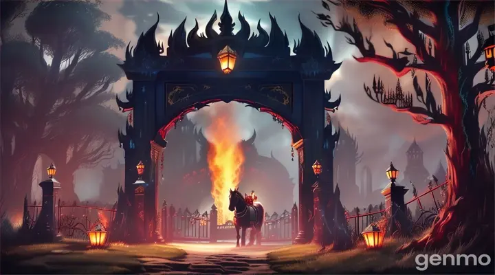 Nether portal arch rocks,  gold, black pillars,swirl portal, grass, horse, banners, teeth gate  black, horror, blue fire lantern
