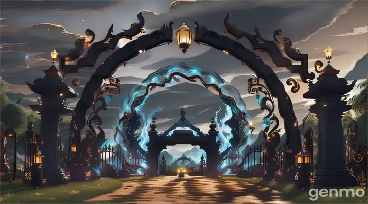 Nether portal arch rocks,  gold, black pillars,swirl portal, grass, horse, banners, teeth gate  black, horror, blue fire lantern
