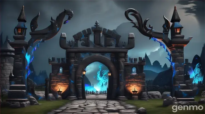 Nether portal arch rocks,  gold, black pillars,swirl portal, grass, horse, banners, teeth gate  black, horror, blue fire lantern
