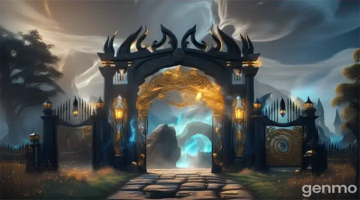 Nether portal arch rocks,  gold, black pillars,swirl portal, grass, horse, banners, teeth gate  black, horror, blue fire lantern
