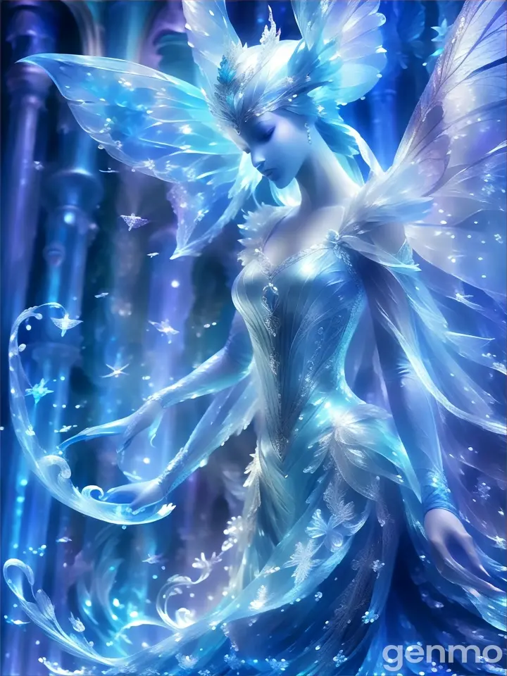 A blue fairy in a crystal cavern, in a flowing blue dress and transparent wings