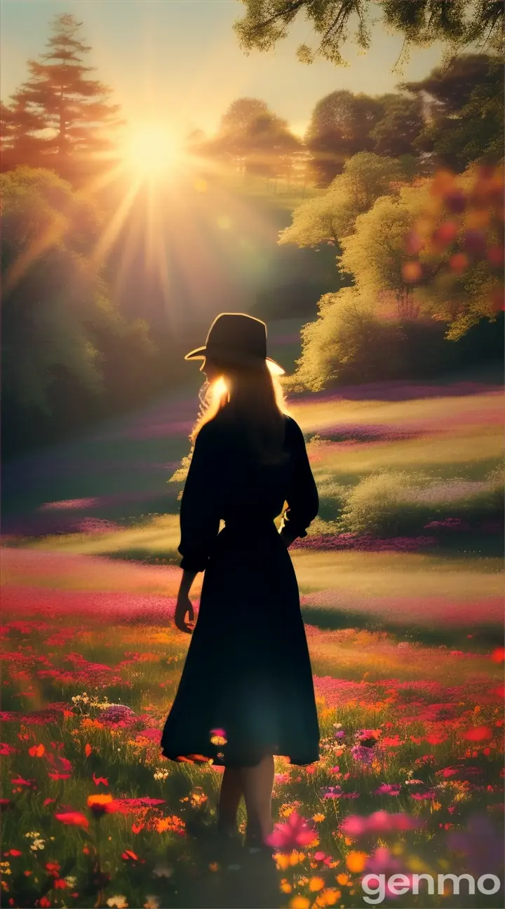 Silhouette of a person walking leisurely through a meadow with trees and flowers in full bloom 9:16
