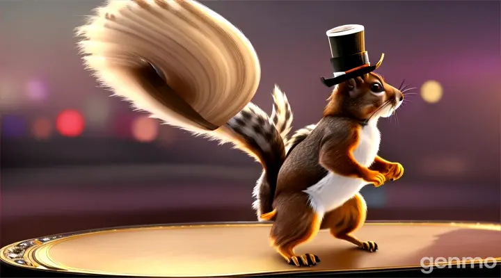 Side view, A squirrel singing and dancing on stage wearing, people dancing, 