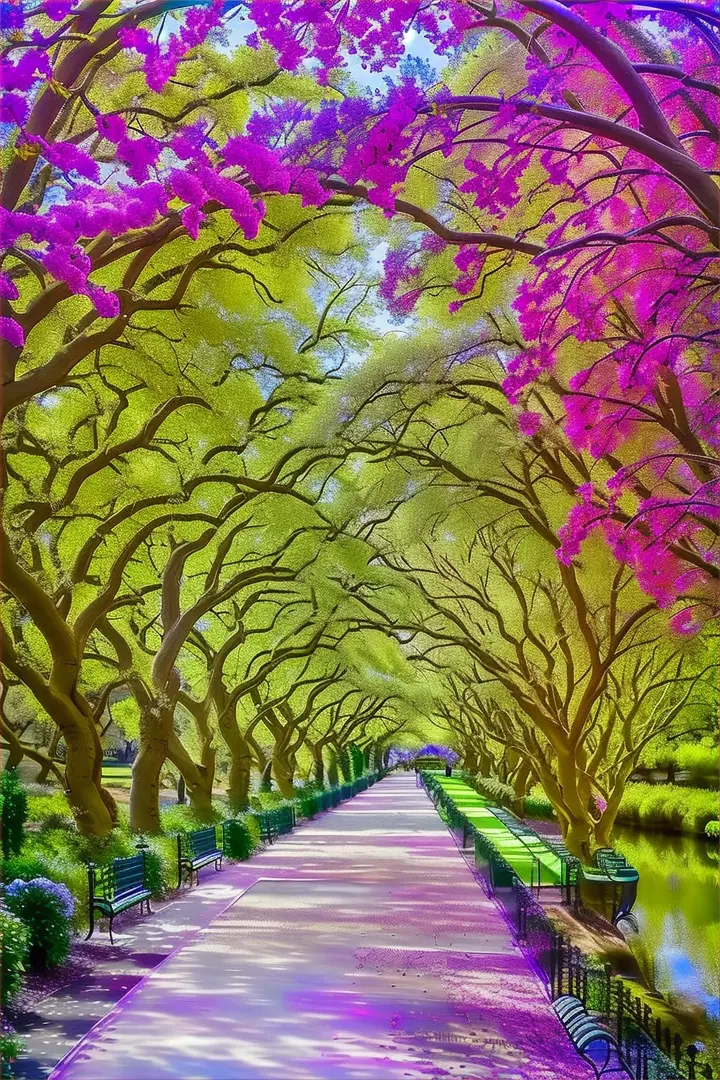 a painting of a park with benches and trees