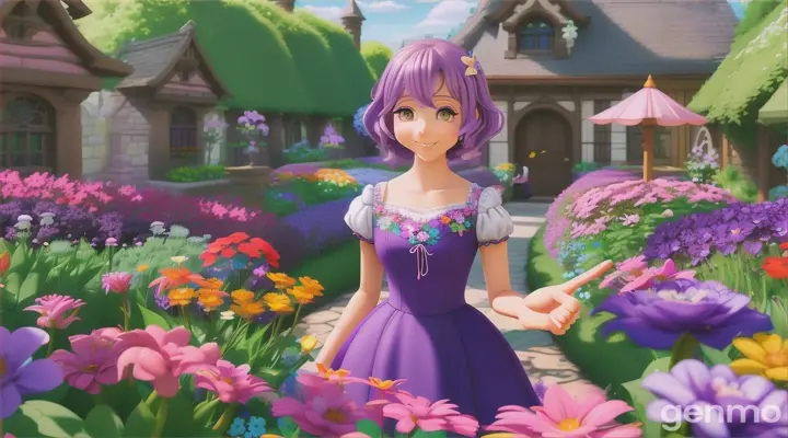 16;9 cartoon story style Cartoon scene with five purple flowers in a garden. The background is a colorful garden with various flowers. The friendly character points to the flowers and says, "Five purple flowers!"
"

