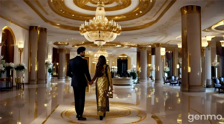 8k wide shot: A luxurious hotel lobby with grand chandeliers and opulent decor. The Pakistani couple, both in fashionable casual attire – the girl in a trendy jumpsuit and the boy in a tailored blazer and jeans – stroll through the lobby hand in hand. Other hotel guests, dressed in business and vacation attire, move about, creating a dynamic and lively scene. The couple pauses to admire an impressive floral arrangement, sharing a smile as they enjoy their glamorous surroundings.