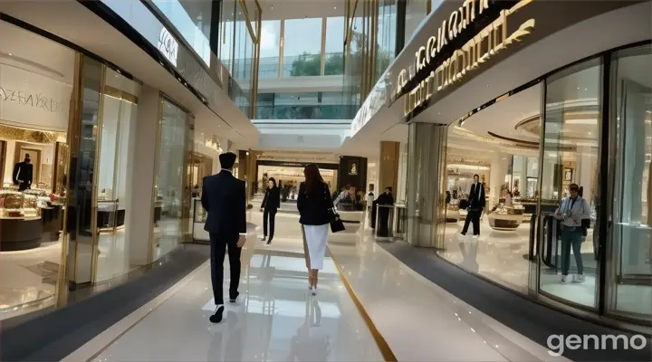 8k wide shot: A high-end shopping mall with sleek architecture and modern design elements. The Pakistani couple, dressed in fashionable casual wear – the girl in a stylish top and jeans, the boy in a smart casual shirt and trousers – walk past luxury brand stores. Shoppers and staff, all well-dressed, create a bustling atmosphere. The couple stops at a trendy café, where they sit by the window, sipping coffee and people-watching, their expressions reflecting their happiness and love.