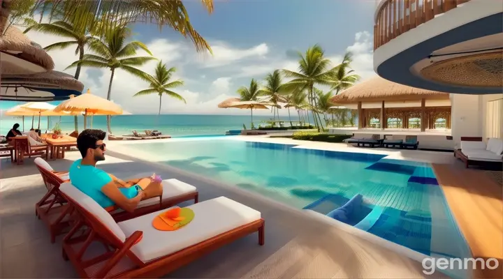 8k wide shot: A trendy beachside resort with contemporary architecture and a stunning infinity pool. The Pakistani couple, dressed in stylish swimwear and cover-ups – the girl in a chic sarong and bikini top, the boy in tailored swim trunks and a light shirt – lounge by the pool. Other guests, enjoying the sun and sipping cocktails, create a lively yet relaxed atmosphere. The couple shares a laugh, clinking their glasses together, with the azure ocean stretching out behind them.