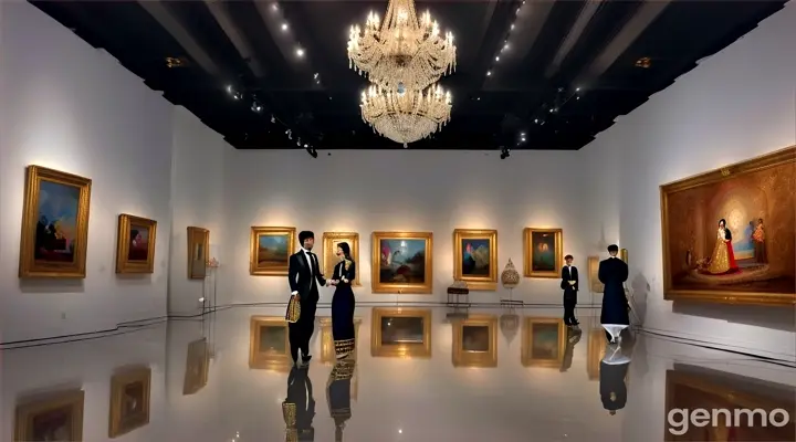 8k wide shot: A modern art gallery during a sophisticated evening event. The Pakistani couple, dressed in elegant evening attire – the girl in a sleek, floor-length gown and the boy in a classic tuxedo – move gracefully through the gallery. Art enthusiasts and collectors, engaged in animated discussions, fill the space. The couple pauses to admire a striking painting, their hands intertwined, the vibrant artwork and stylish crowd enhancing the romantic and cultured vibe of the scene.

