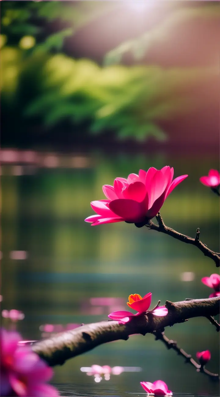 water, flower, plant, petal, branch, natural landscape, tree, vegetation, lake, body of water