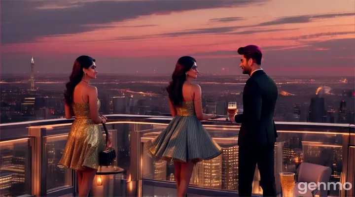 8k wide shot: Twilight at a lavish rooftop bar in a bustling city. A Pakistani couple, the girl in a chic cocktail dress and the boy in a sharp suit, enjoy a quiet moment by the glass railing, overlooking the glittering skyline. Elegantly dressed groups mingle around, sipping cocktails and chatting, with soft jazz music enhancing the sophisticated ambiance.








