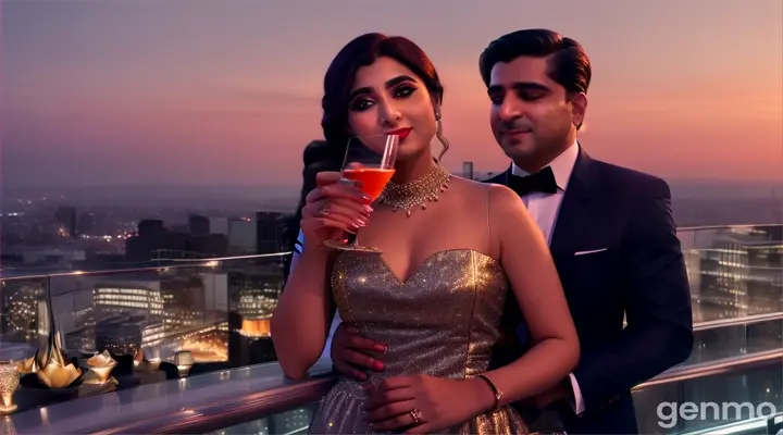 8k wide shot: Twilight at a lavish rooftop bar in a bustling city. A Pakistani couple, the girl in a chic cocktail dress and the boy in a sharp suit, enjoy a quiet moment by the glass railing, overlooking the glittering skyline. Elegantly dressed groups mingle around, sipping cocktails and chatting, with soft jazz music enhancing the sophisticated ambiance.