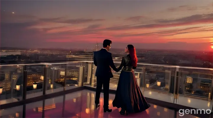 8k wide shot: A lavish rooftop bar in a bustling city at twilight. The Pakistani couple, dressed in chic, modern outfits – the girl in a stylish cocktail dress and the boy in a sharp suit – enjoy a quiet moment by the glass railing, overlooking the glittering skyline. Around them, groups of elegantly dressed people mingle, sipping cocktails and chatting, while soft jazz music plays in the background, adding to the sophisticated ambiance.










