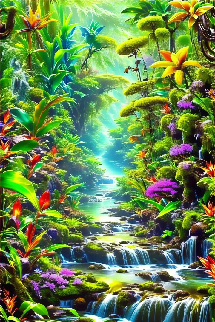 a painting of a stream in a tropical forest