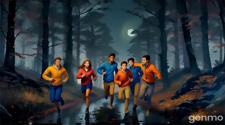 a group of people running through a forest at night