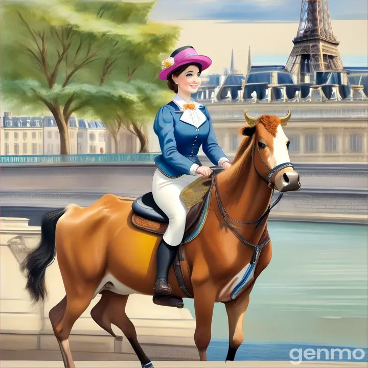 A woman sitting on a cow galloping on the Seine in Paris