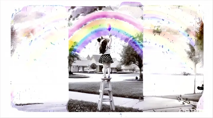 a person on a stool with a rainbow in the background