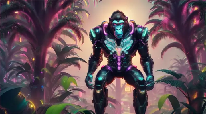 silver Cyber-gorilla-man climbing a neon tree in a vibrant jungle illuminated by bio-luminescent plants