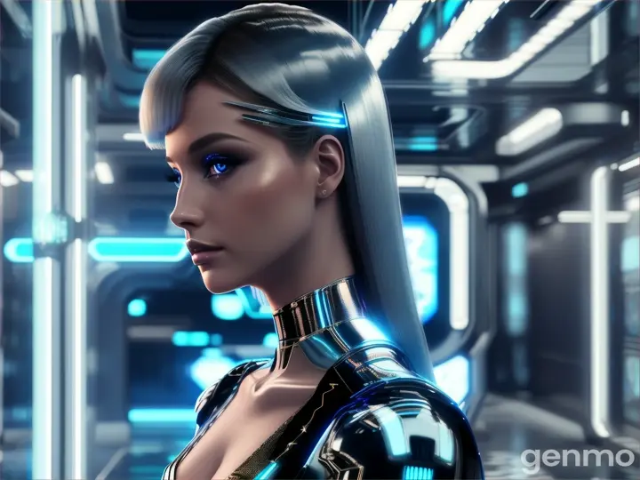 image from 2300: BEAUTIFUL EUROPEAN woman in a futuristic Artificial look stands in front of neon blue lights.