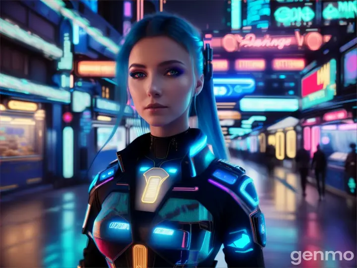 image from 2300 year: BEAUTIFUL EUROPEAN woman in a futuristic Artificial look stands in front of neon blue lights.