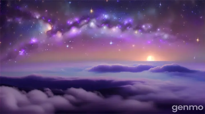 create a beautiful night sky in purple color and baby sleeping on fluffy clouds, twinkling stars all around, all beautiful fairies are seeing baby from above