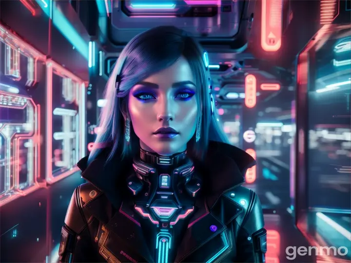 image from 2300 year: BEAUTIFUL EUROPEAN woman in a futuristic Artificial look stands in front of neon blue lights.