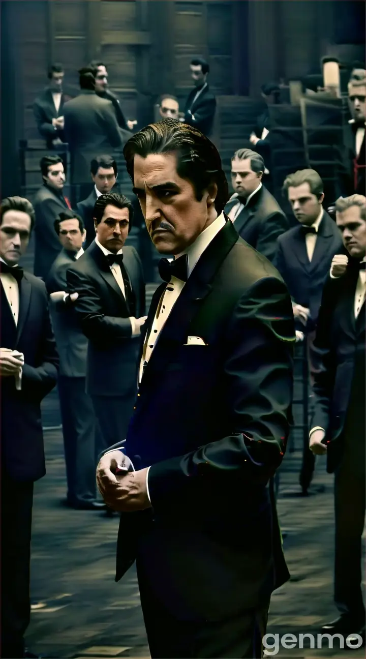 a man in a tuxedo standing in front of a group of men 