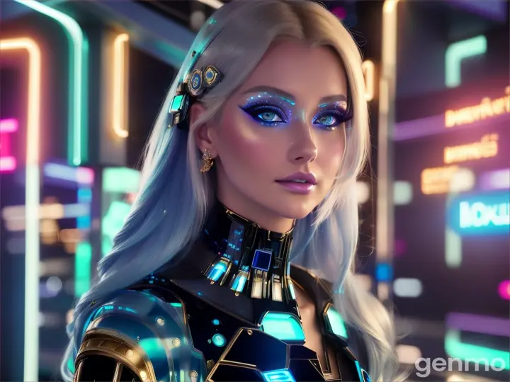 image from 2300 year: BEAUTIFUL LIGHT-HAIRED EUROPEAN woman in a futuristic Artificial look stands in front of neon blue lights.