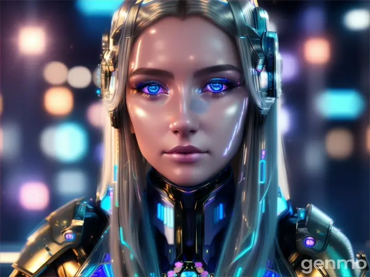 image from 2300 year: BEAUTIFUL LIGHT-HAIRED EUROPEAN woman in a futuristic Artificial look stands in front of neon blue lights.