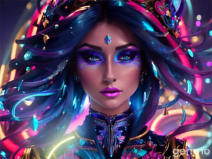 image from 2300 year: BEAUTIFUL BRUNETTE EUROPEAN woman in a futuristic Artificial look stands in front of neon blue lights.