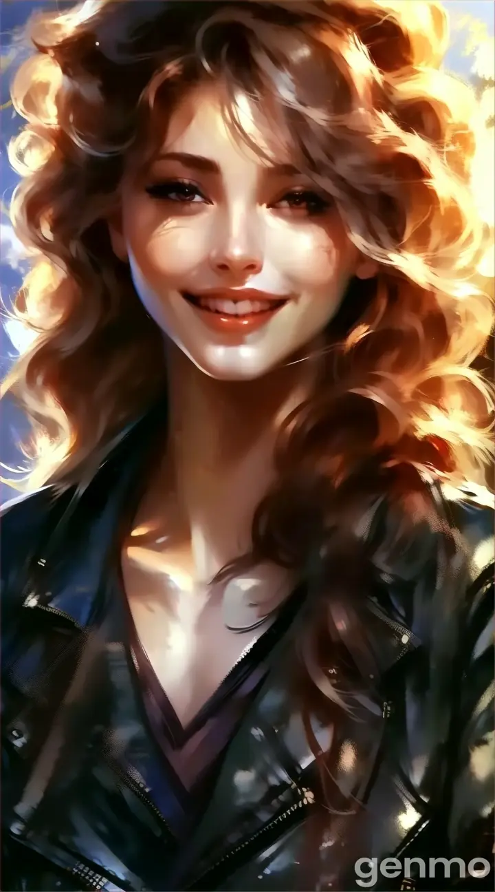 a painting of a woman wearing a leather jacket