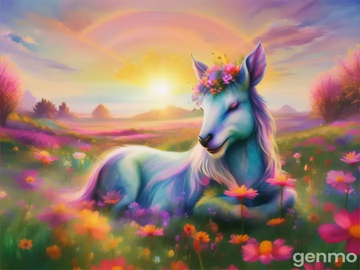 A sleepy creature emerging from a fantastical, whimsical meadow at sunrise, surrounded by colourful flowers and plants