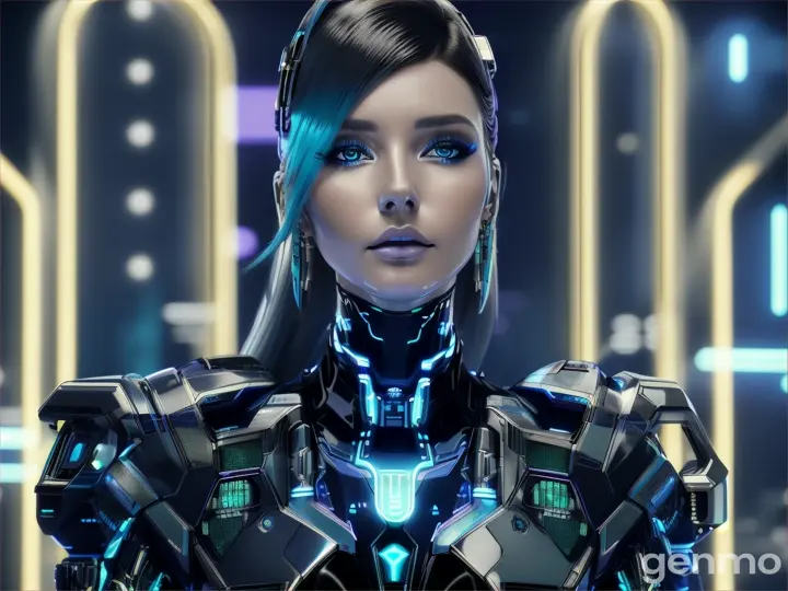 image from 2300 year: BEAUTIFUL EUROPEAN FACE woman in a futuristic Artificial look stands in front of neon blue lights.