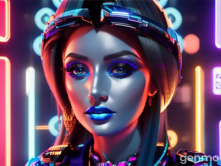 image from 2300 year: BEAUTIFUL EUROPEAN FACE woman in a futuristic Artificial look stands in front of neon blue lights.