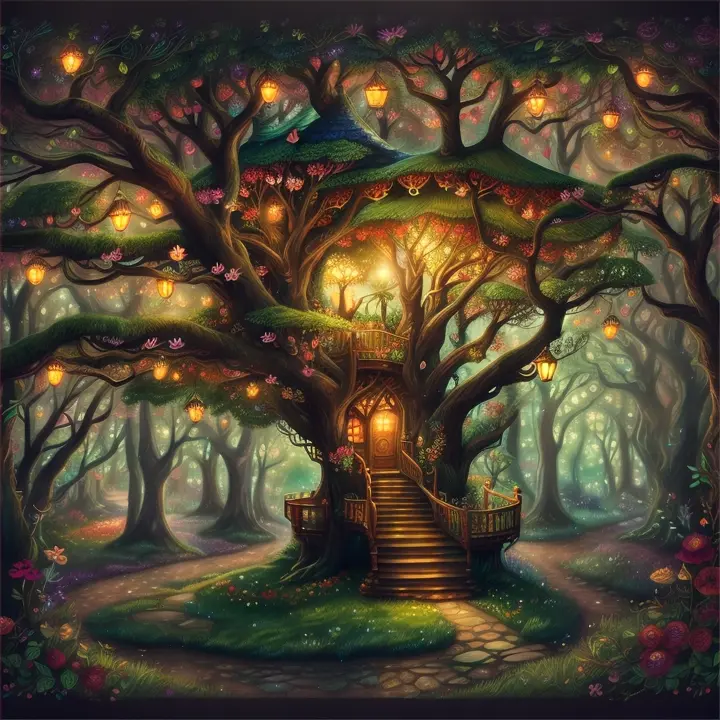 Enchanted forest treehouse, fairy tale illustration with vibrant colors