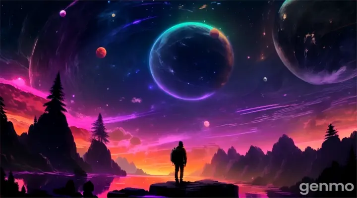 a man standing on a hill looking at planets