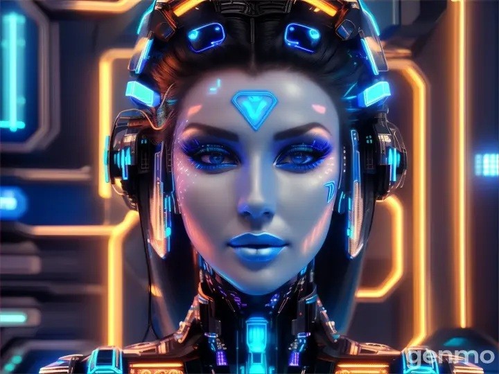 image from 2300 year: BEAUTIFUL EUROPEAN woman in a futuristic Artificial look stands in front of neon blue lights.