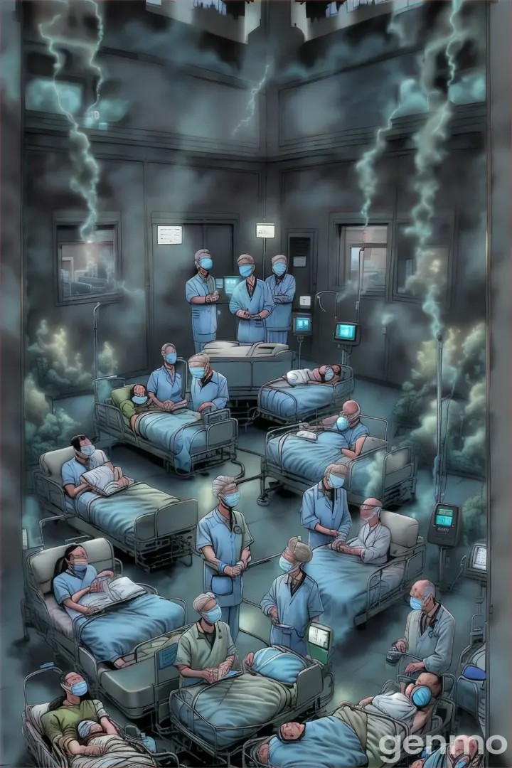 a group of doctors and patients of smog in a hospital